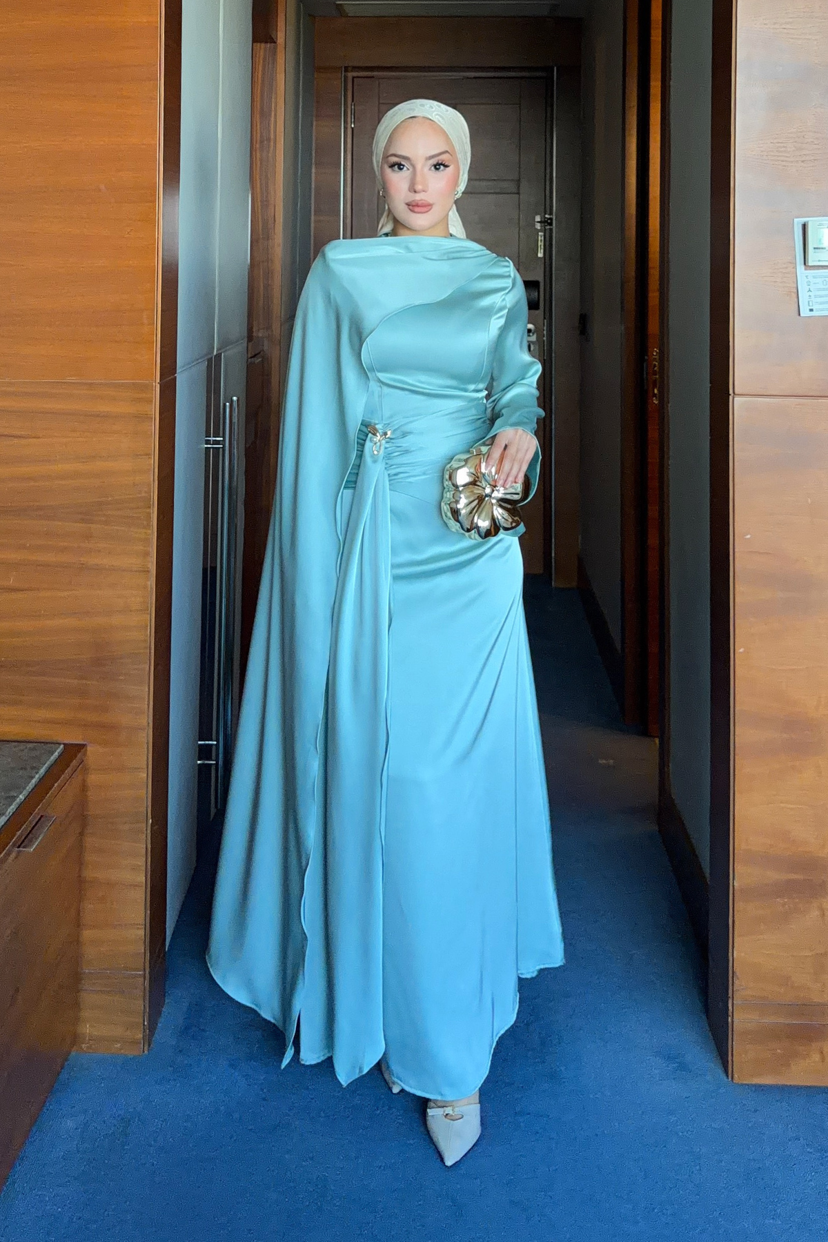 Modest Satin Maxi Dress with Drape Detail — Mint Yesili