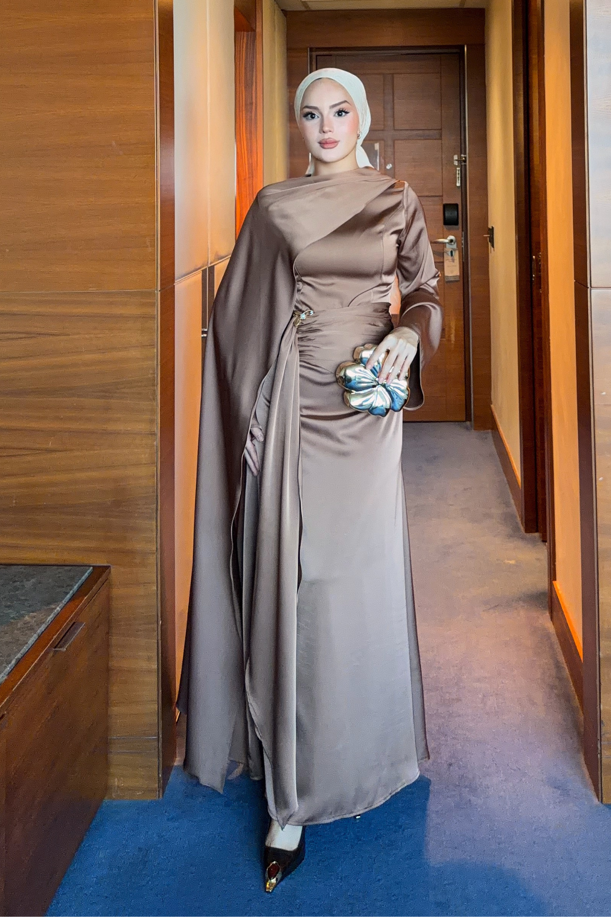 Modest Satin Maxi Dress with Drape Detail — Kahve