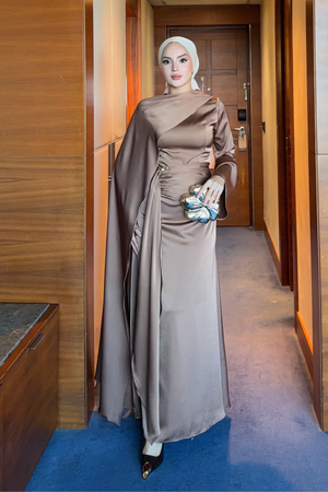 Modest Satin Maxi Dress with Drape Detail — Kahve