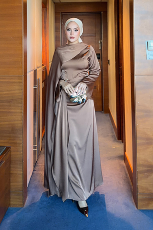 Modest Satin Maxi Dress with Drape Detail — Kahve