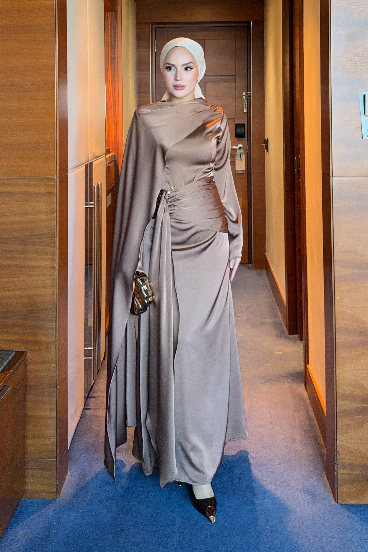 Modest Satin Maxi Dress with Drape Detail — Kahve