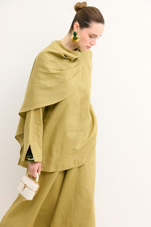 Organic Linen Shirt with Draped Shoulder Shawl — Yağ Yeşili