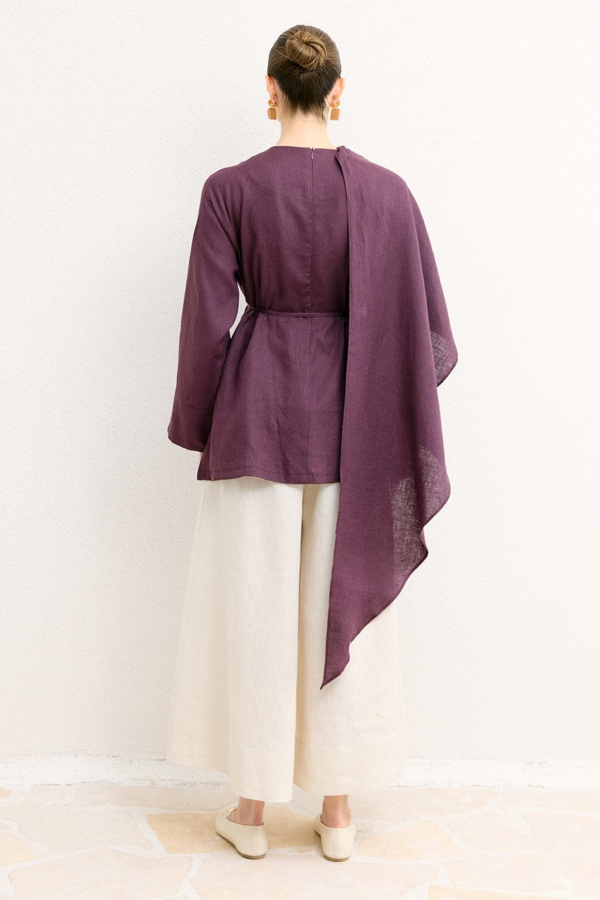 Organic Linen Shirt with Draped Shoulder Shawl — Mürdüm