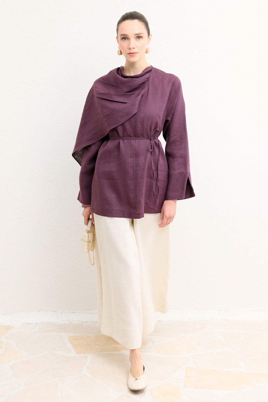 Organic Linen Shirt with Draped Shoulder Shawl — Mürdüm