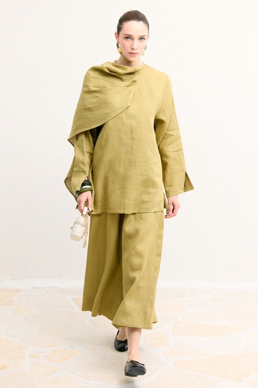Organic Linen Shirt with Draped Shoulder Shawl — Yağ Yeşili