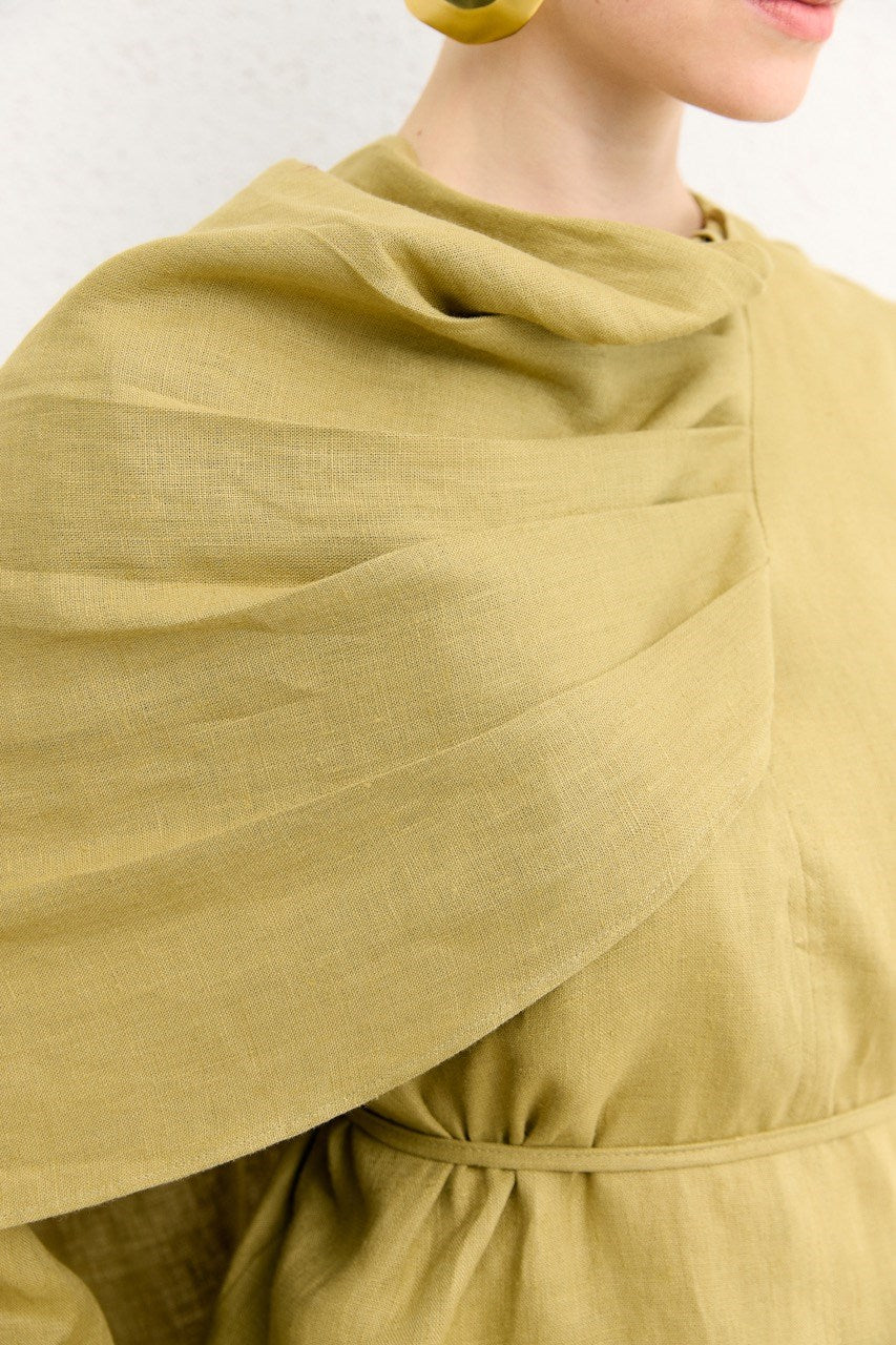 Organic Linen Shirt with Draped Shoulder Shawl — Yağ Yeşili