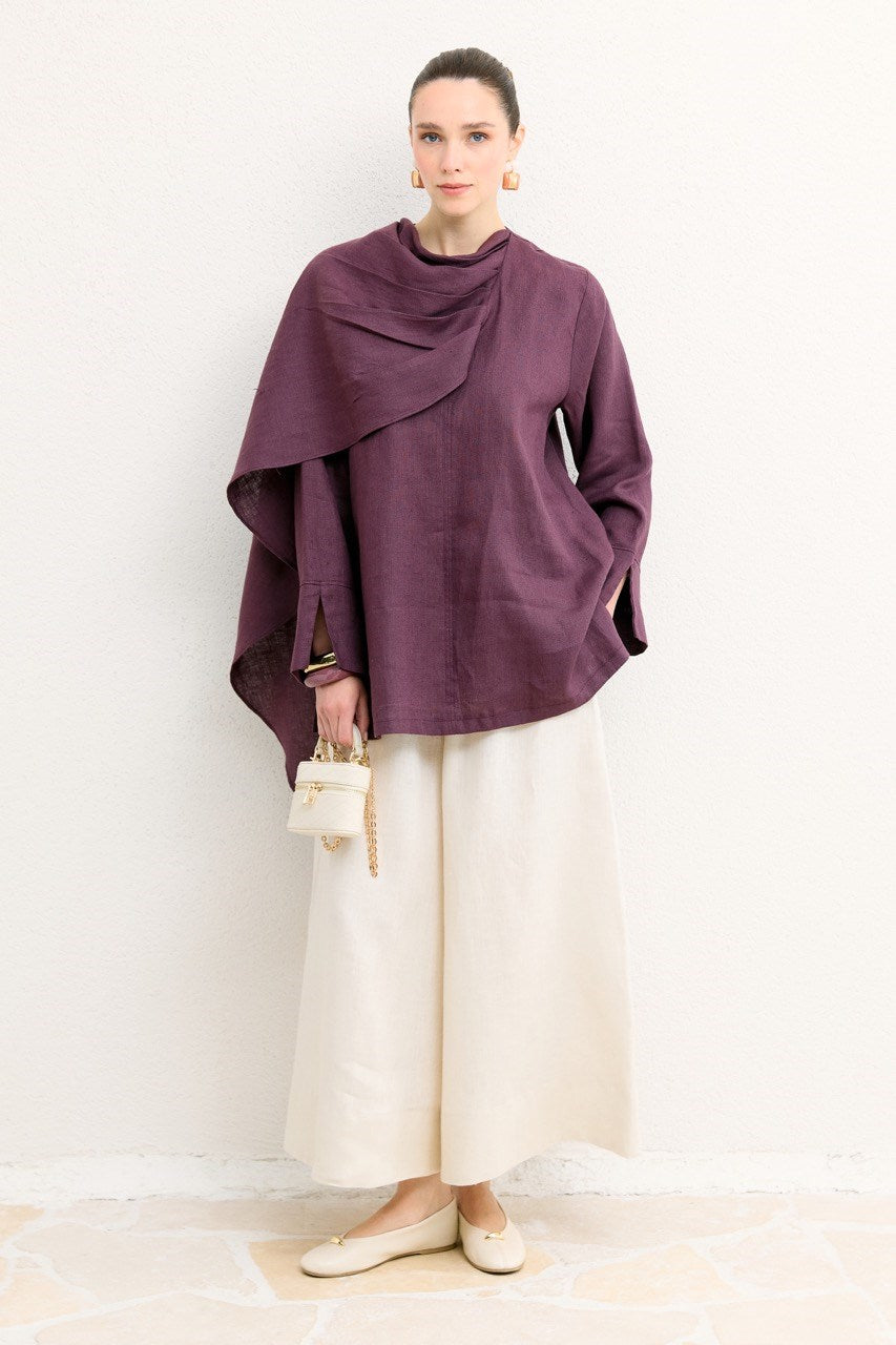 Organic Linen Shirt with Draped Shoulder Shawl — Mürdüm