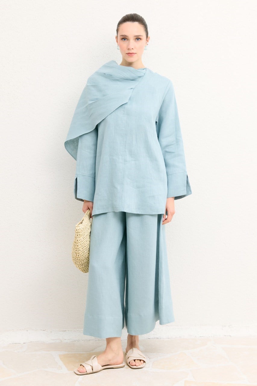 Organic Linen Shirt with Draped Shoulder Shawl — Mavi