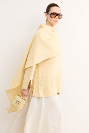 Organic Linen Shirt with Draped Shoulder Shawl — Sarı