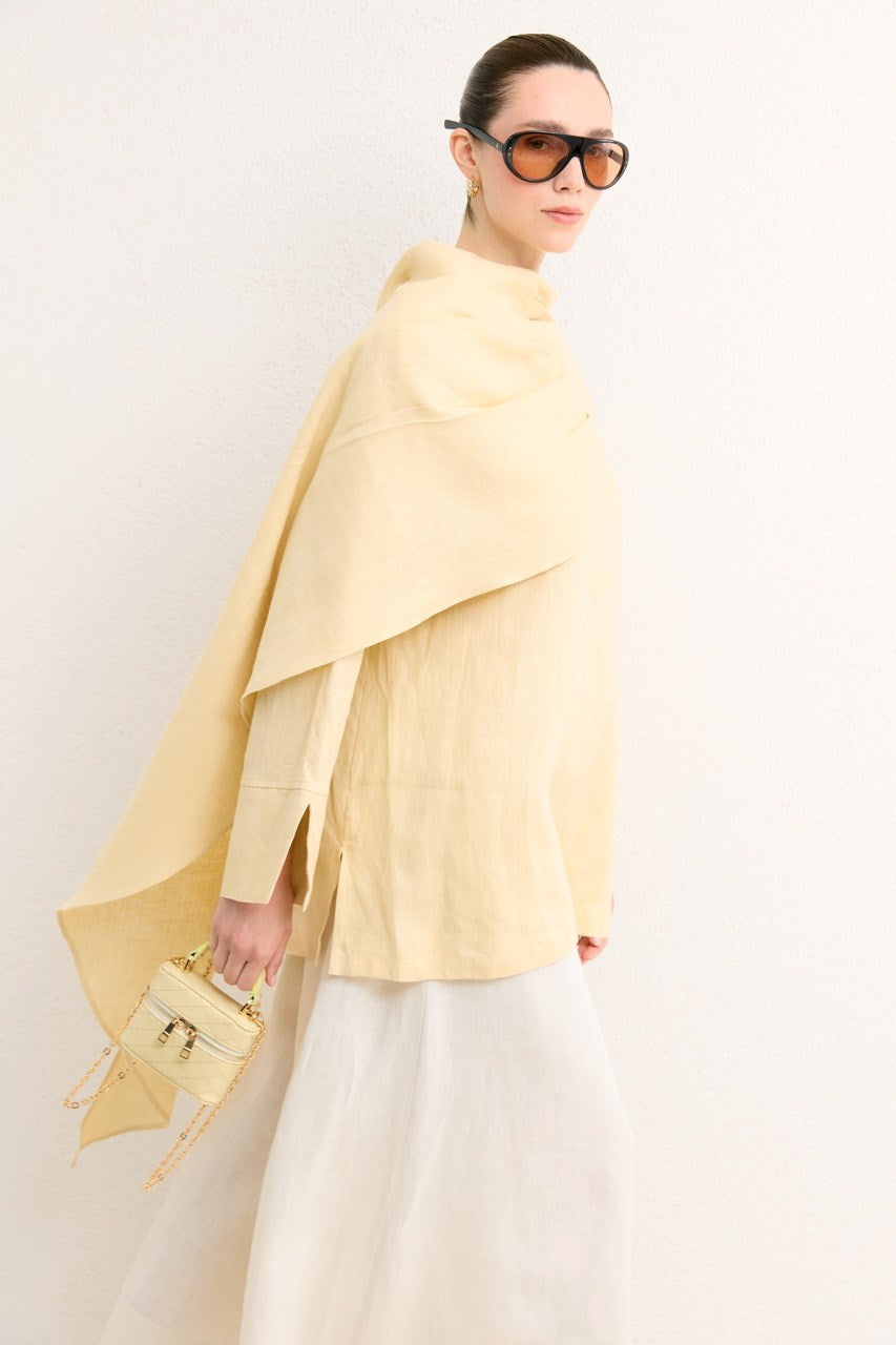 Organic Linen Shirt with Draped Shoulder Shawl — Sarı
