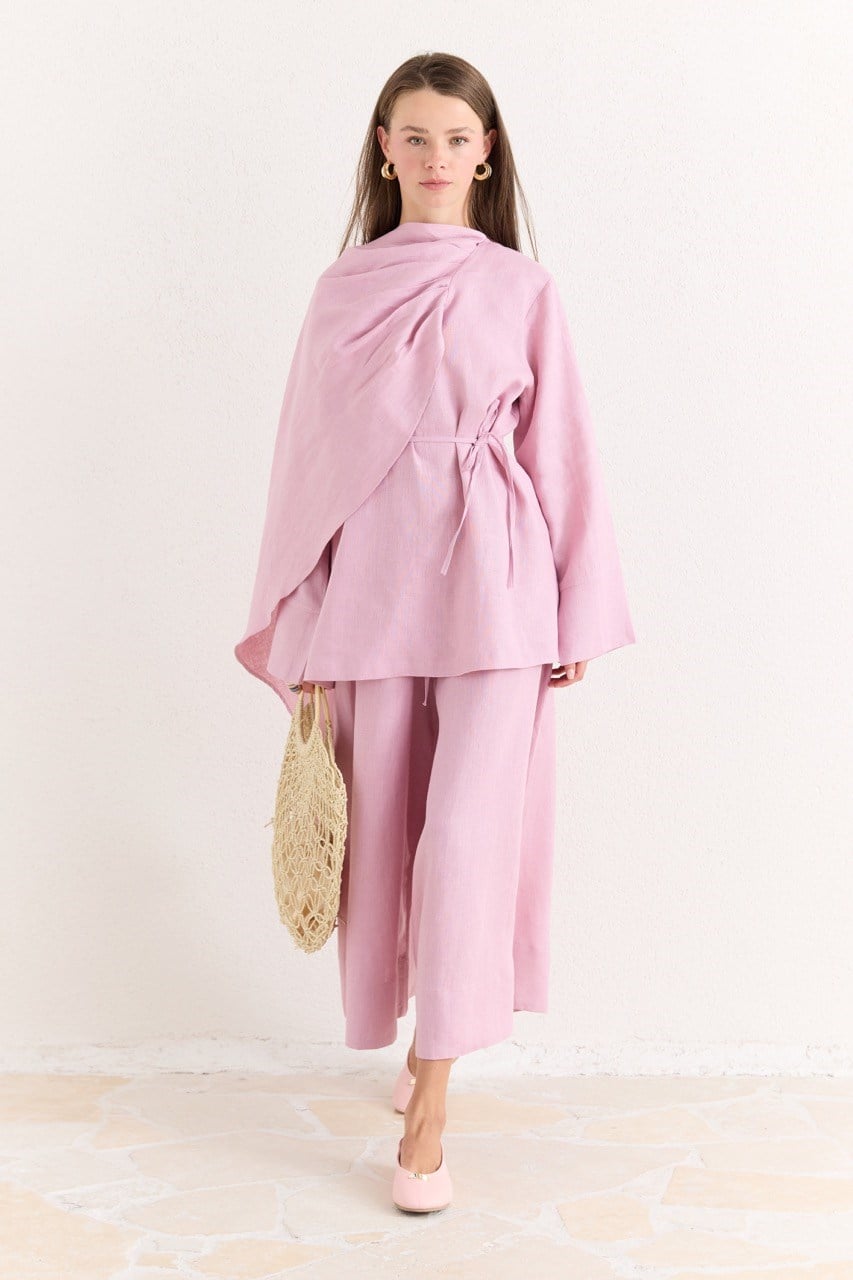 Organic Linen Shirt with Draped Shoulder Shawl — Pembe