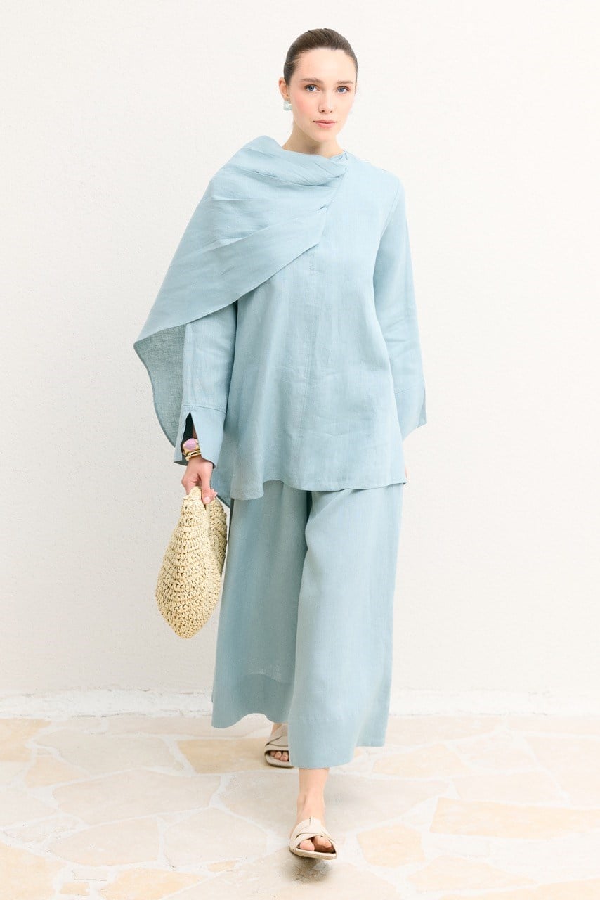 Organic Linen Shirt with Draped Shoulder Shawl — Mavi