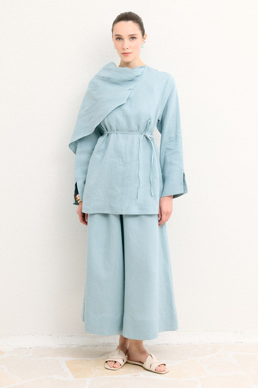 Organic Linen Shirt with Draped Shoulder Shawl — Mavi