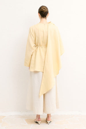 Organic Linen Shirt with Draped Shoulder Shawl — Sarı