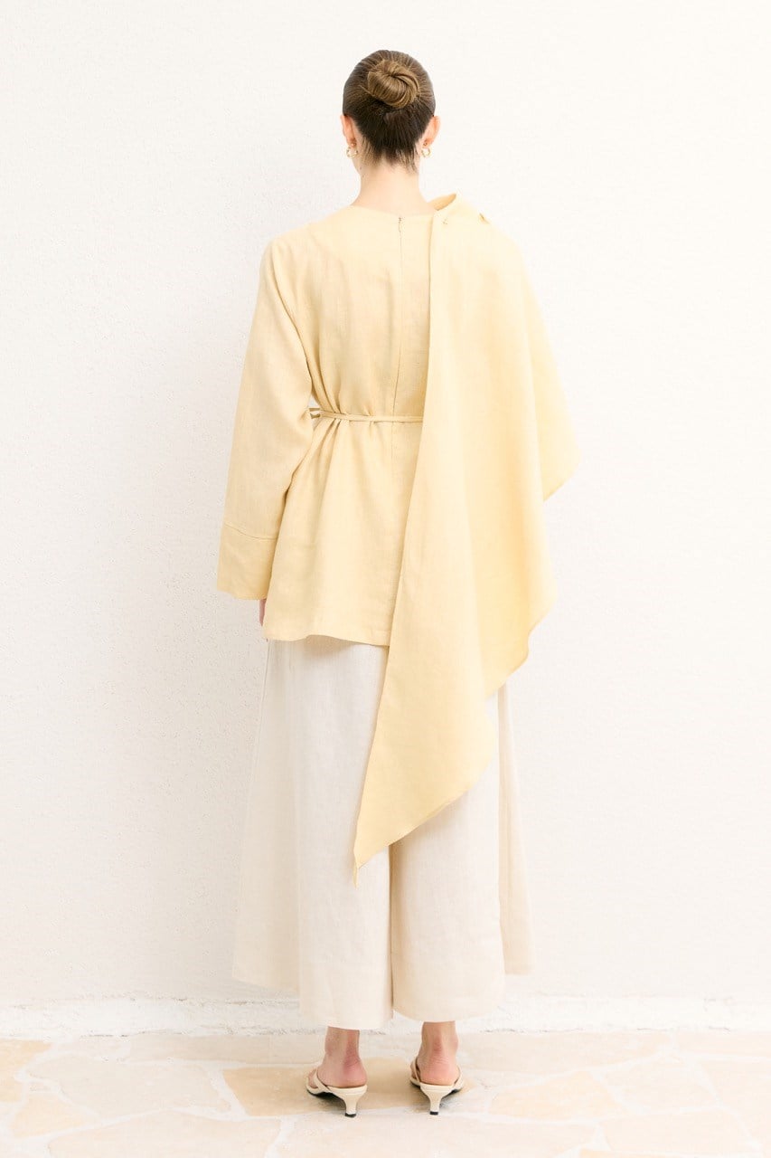 Organic Linen Shirt with Draped Shoulder Shawl — Sarı