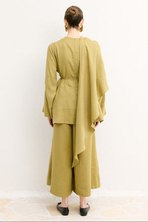 Organic Linen Shirt with Draped Shoulder Shawl — Yağ Yeşili