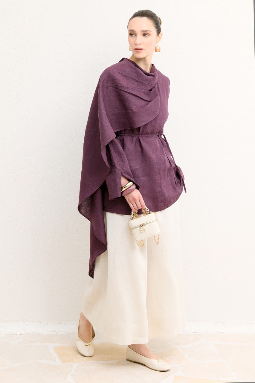Organic Linen Shirt with Draped Shoulder Shawl — Mürdüm