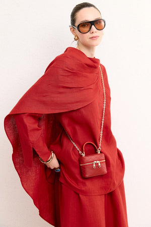 Organic Linen Shirt with Draped Shoulder Shawl — Kırmızı