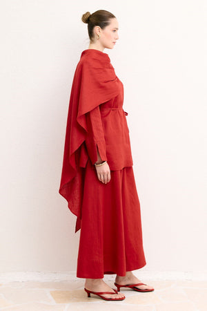 Organic Linen Shirt with Draped Shoulder Shawl — Kırmızı