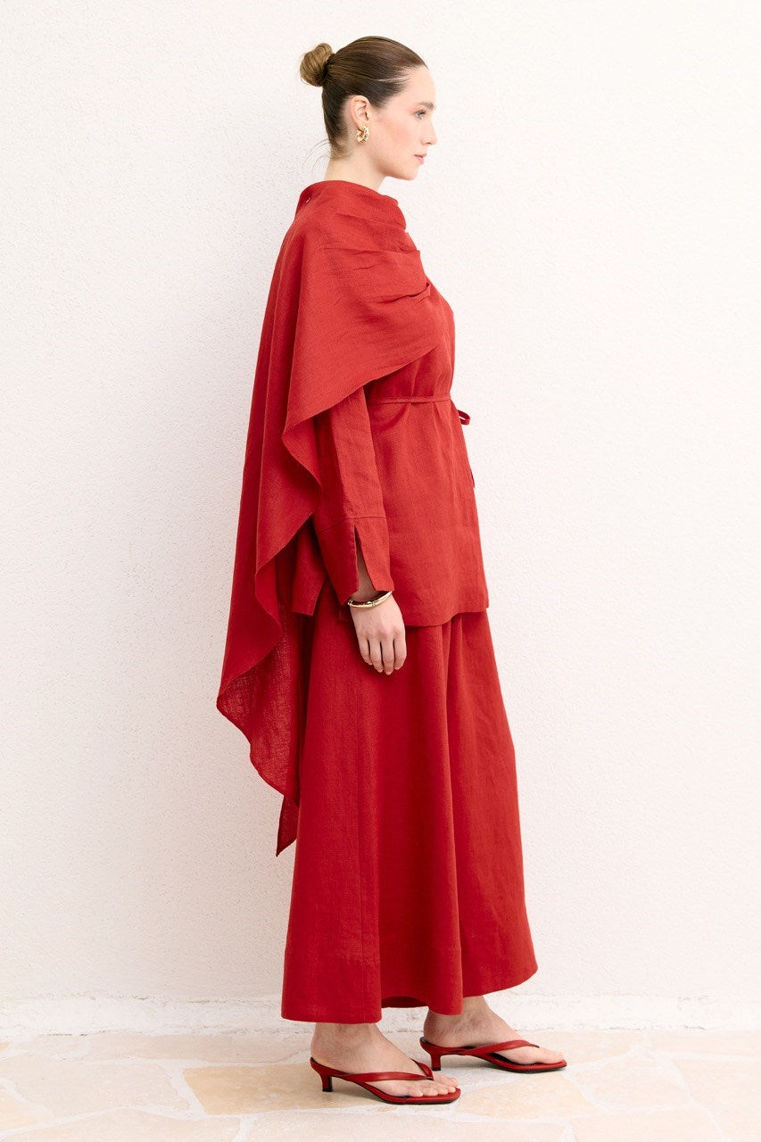 Organic Linen Shirt with Draped Shoulder Shawl — Kırmızı