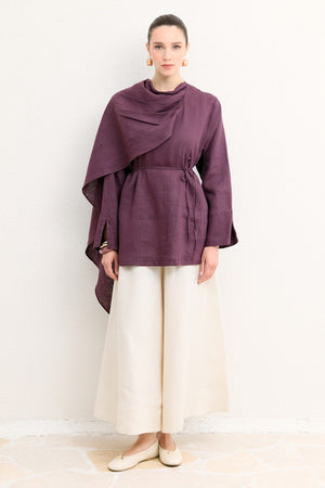 Organic Linen Shirt with Draped Shoulder Shawl — Mürdüm
