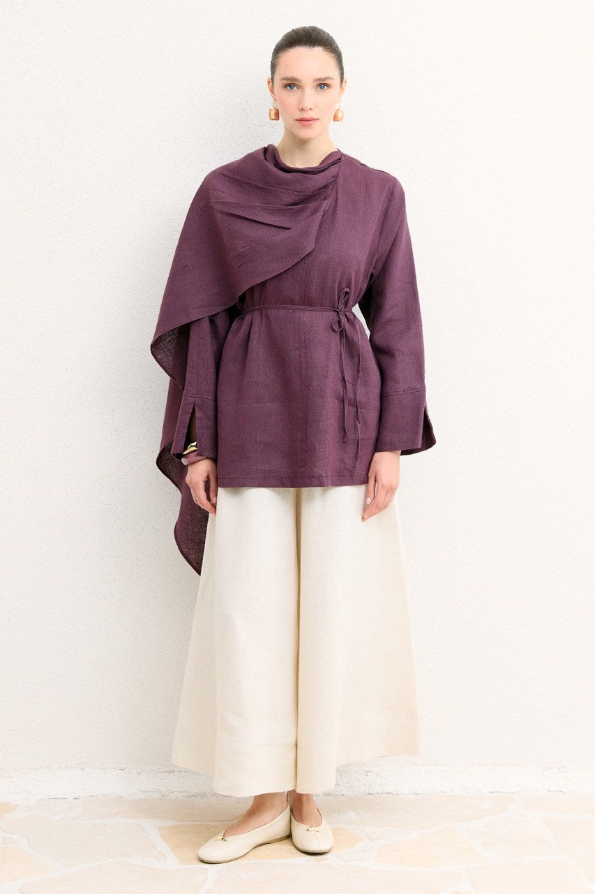 Organic Linen Shirt with Draped Shoulder Shawl — Mürdüm