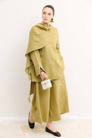 Organic Linen Shirt with Draped Shoulder Shawl — Yağ Yeşili