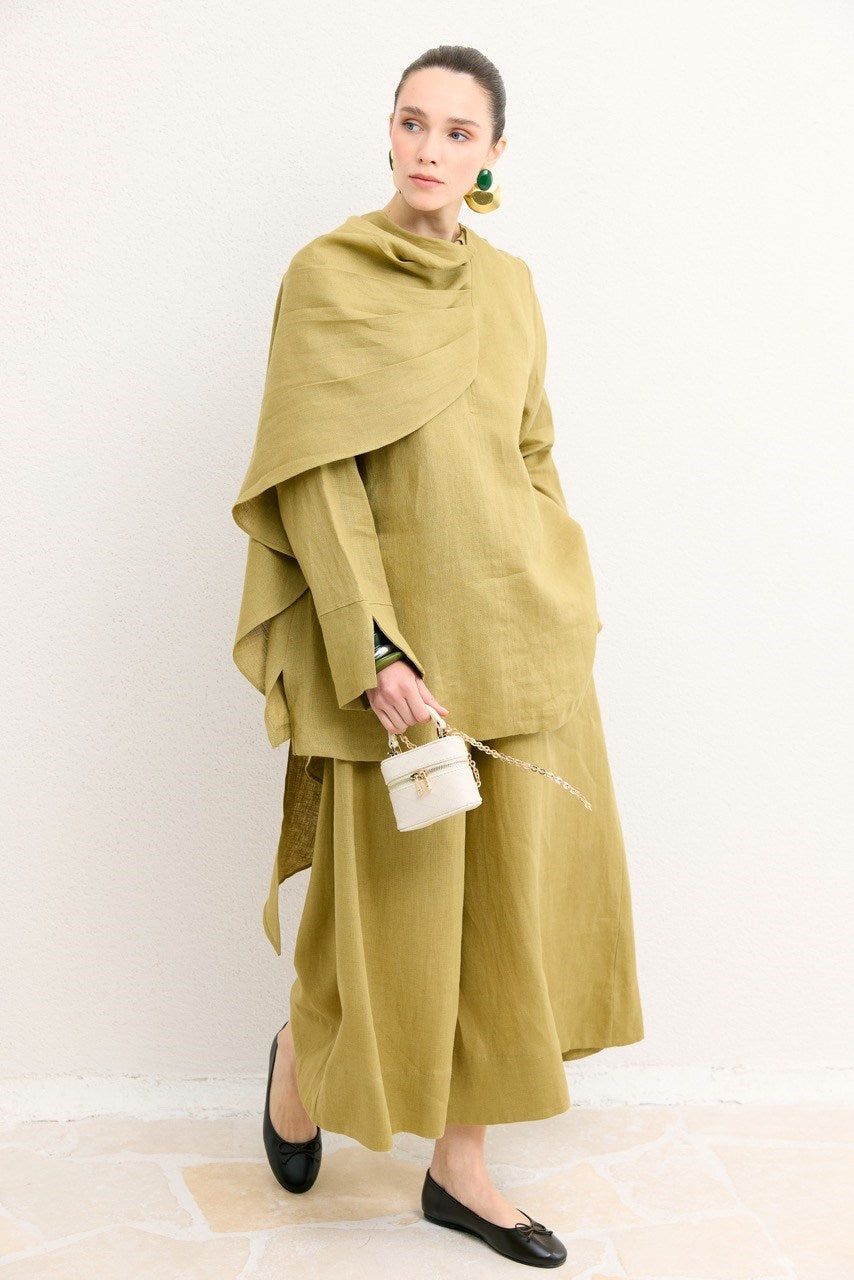 Organic Linen Shirt with Draped Shoulder Shawl — Yağ Yeşili