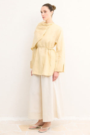 Organic Linen Shirt with Draped Shoulder Shawl — Sarı