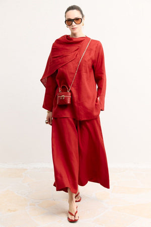 Organic Linen Shirt with Draped Shoulder Shawl — Kırmızı