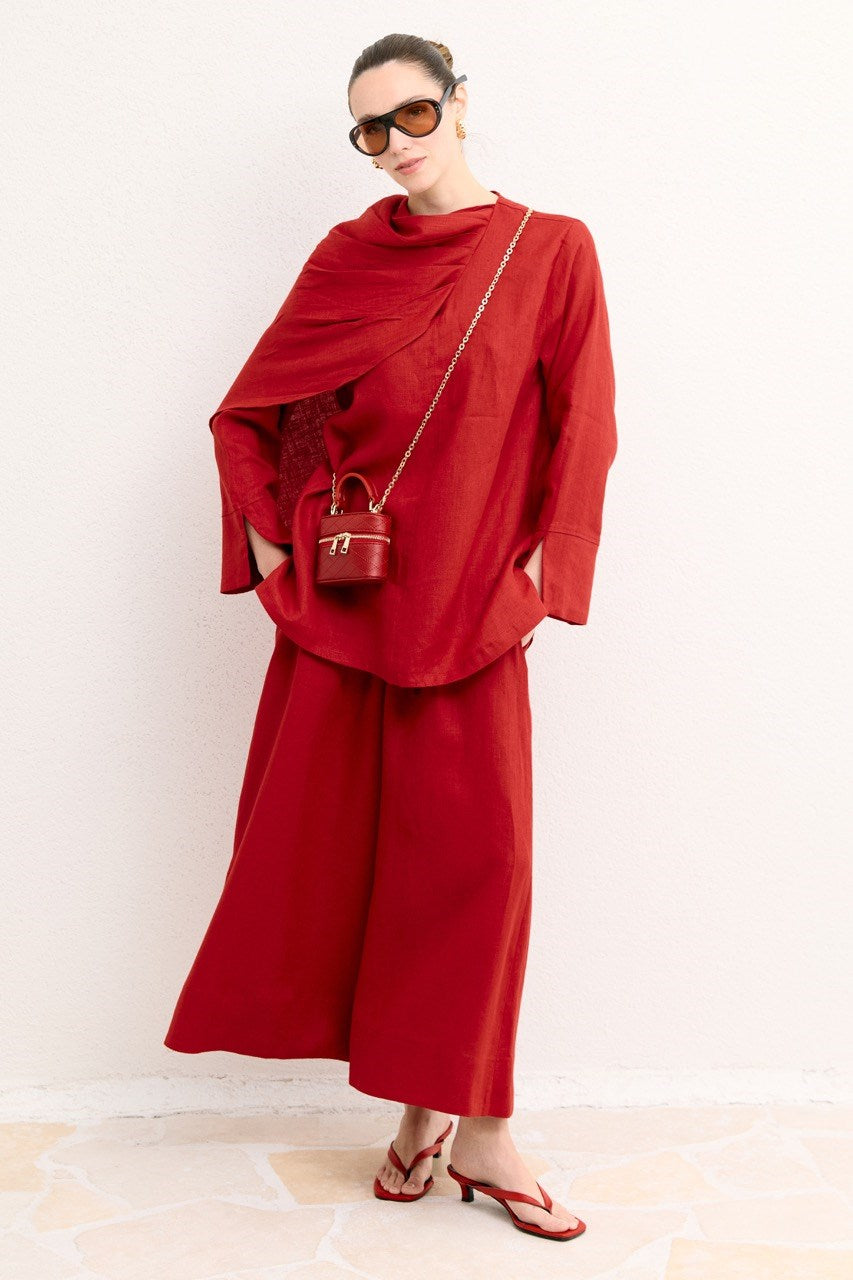 Organic Linen Shirt with Draped Shoulder Shawl — Kırmızı