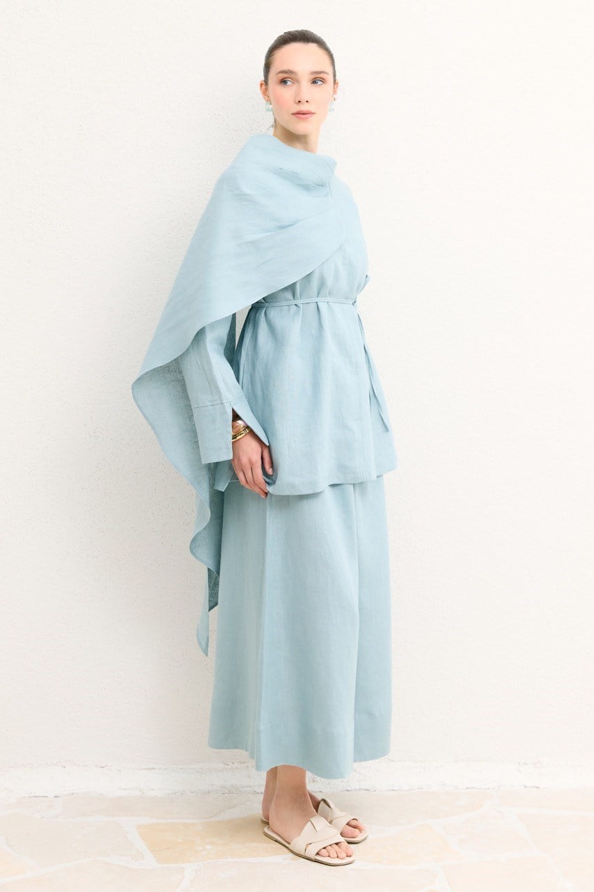 Organic Linen Shirt with Draped Shoulder Shawl — Mavi