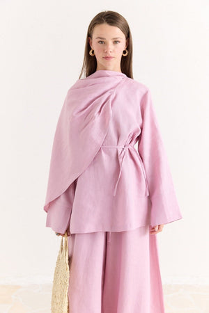 Organic Linen Shirt with Draped Shoulder Shawl — Pembe