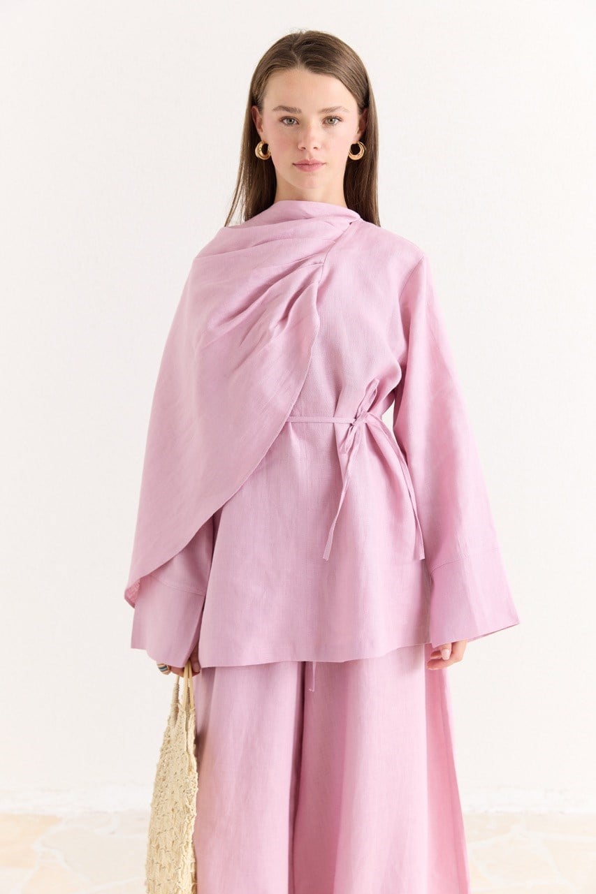 Organic Linen Shirt with Draped Shoulder Shawl — Pembe
