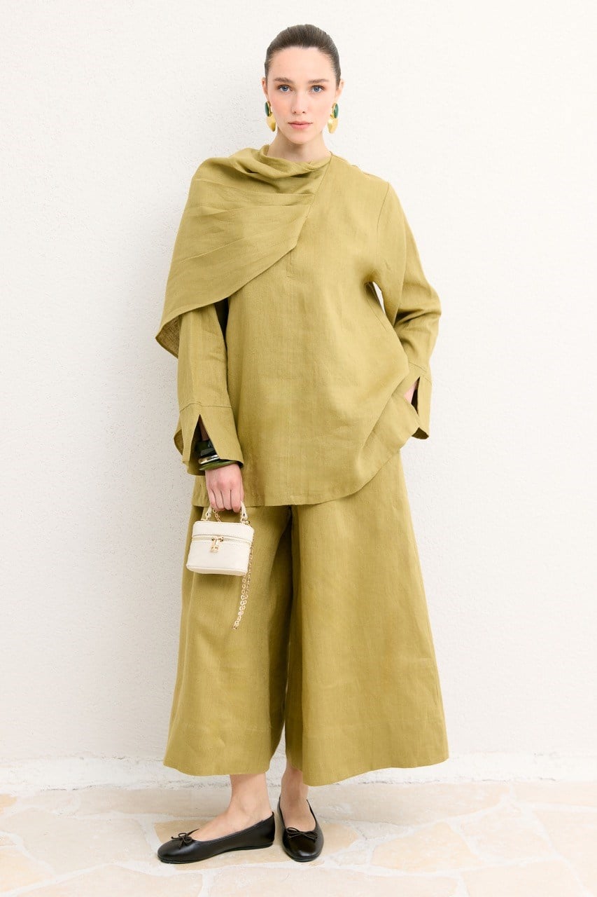 Organic Linen Shirt with Draped Shoulder Shawl — Yağ Yeşili