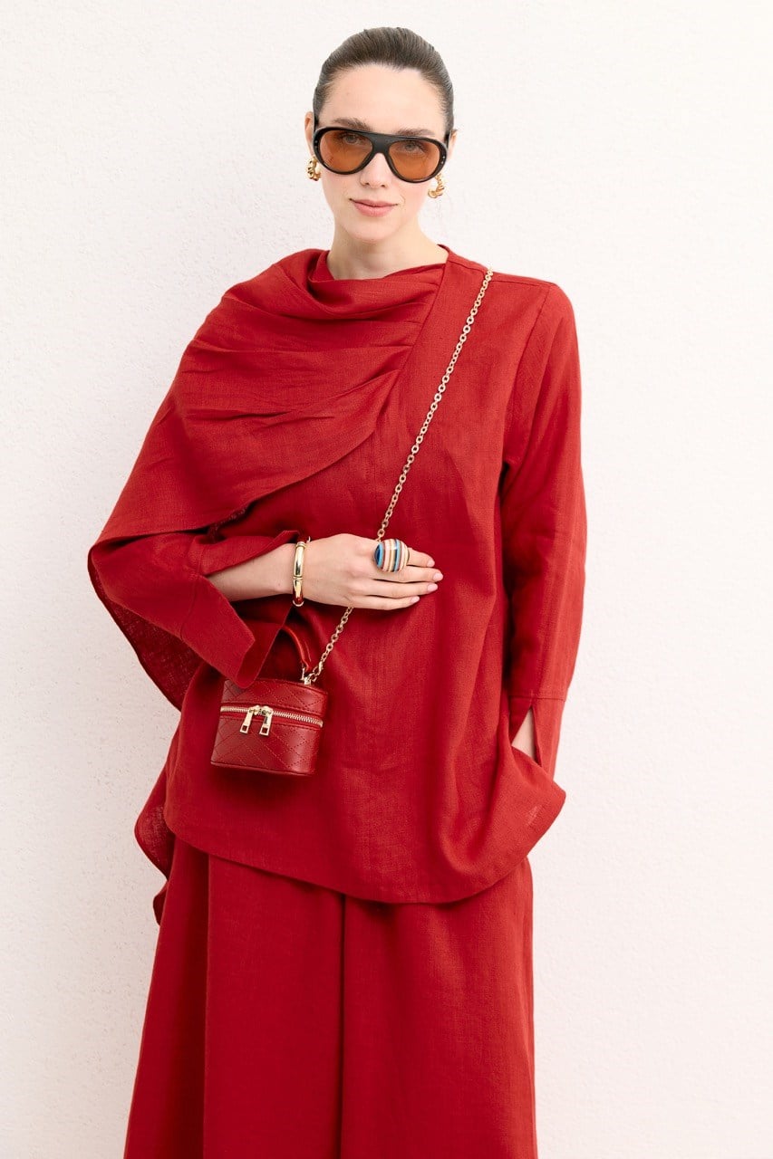 Organic Linen Shirt with Draped Shoulder Shawl — Kırmızı
