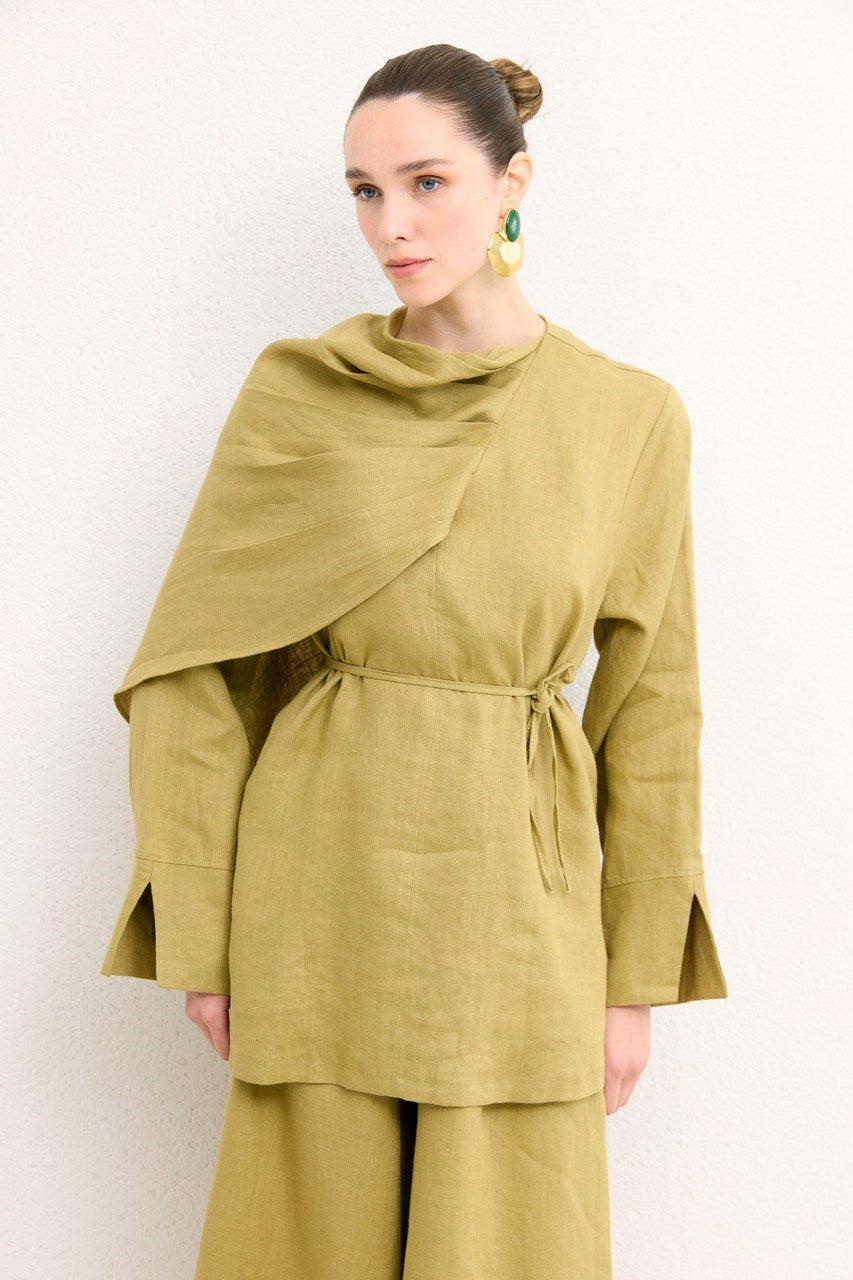 Organic Linen Shirt with Draped Shoulder Shawl — Yağ Yeşili