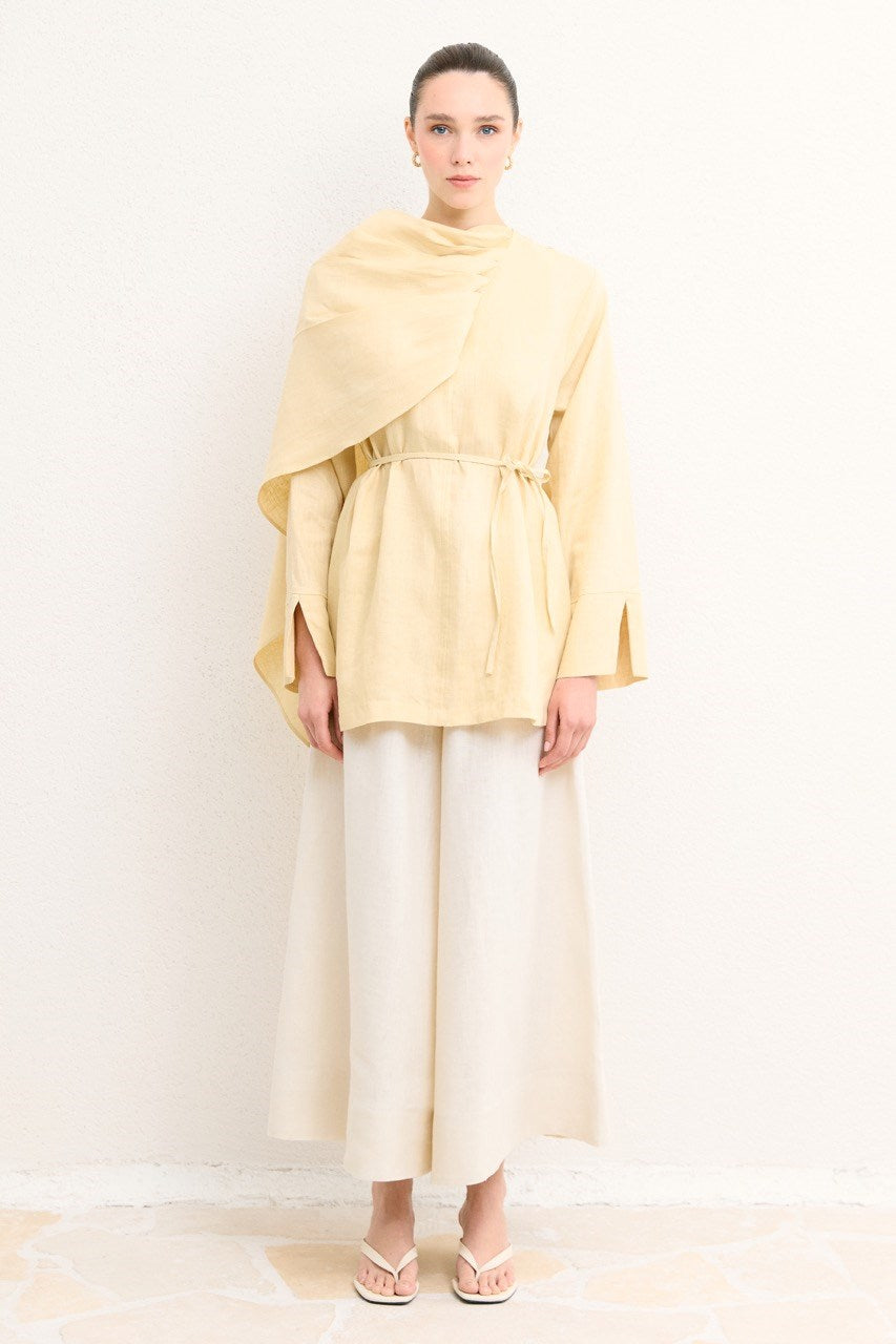 Organic Linen Shirt with Draped Shoulder Shawl — Sarı