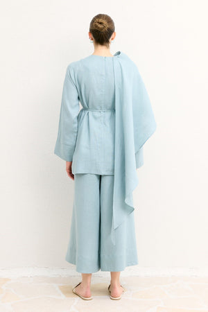 Organic Linen Shirt with Draped Shoulder Shawl — Mavi