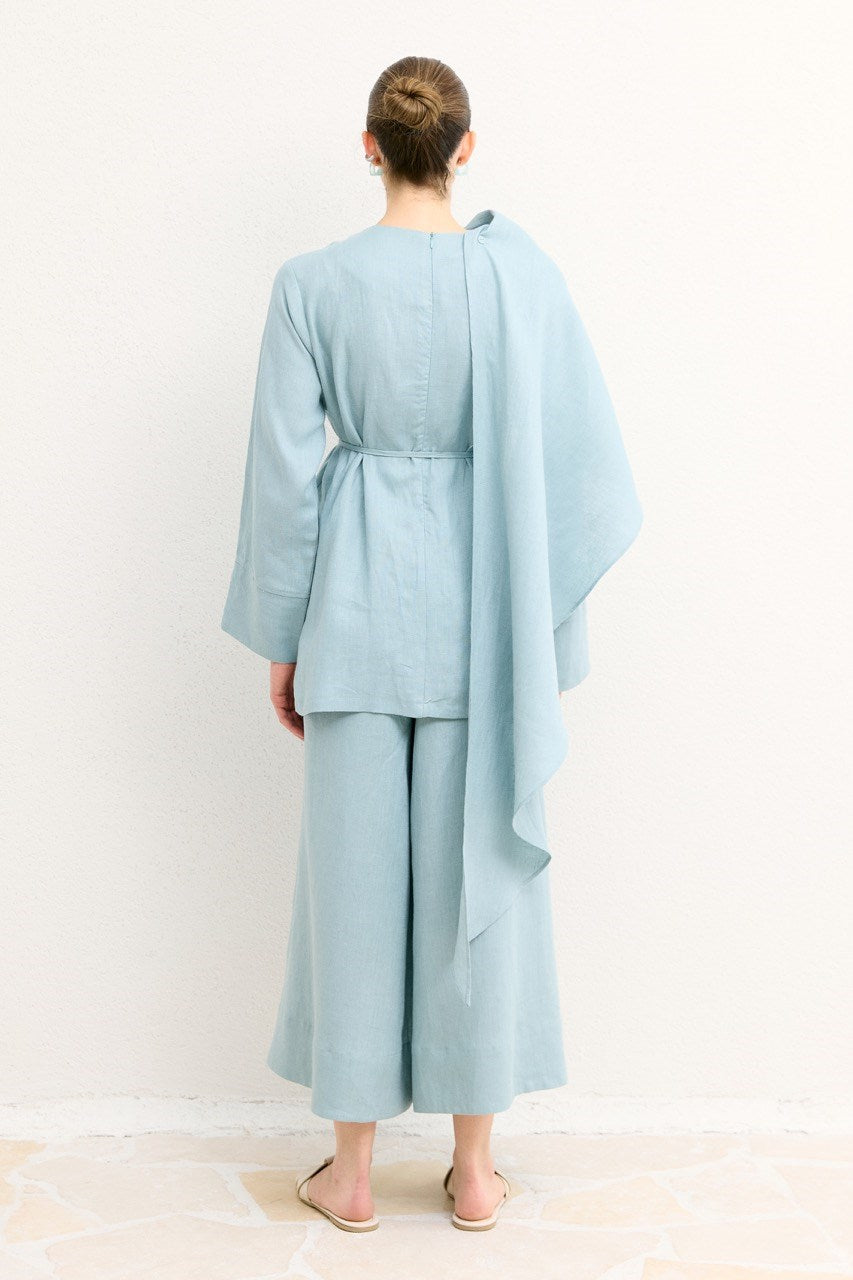 Organic Linen Shirt with Draped Shoulder Shawl — Mavi