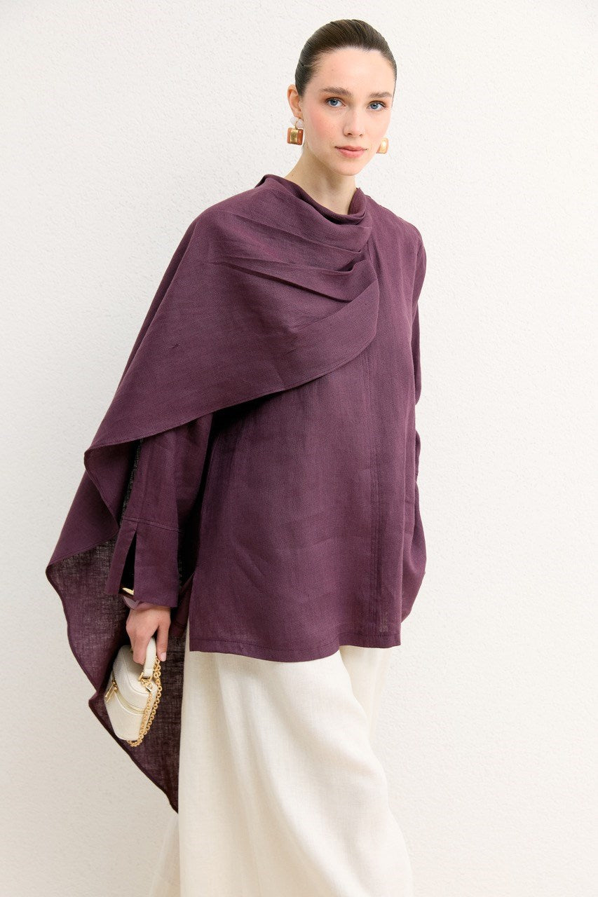 Organic Linen Shirt with Draped Shoulder Shawl — Mürdüm