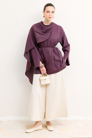 Organic Linen Shirt with Draped Shoulder Shawl — Mürdüm