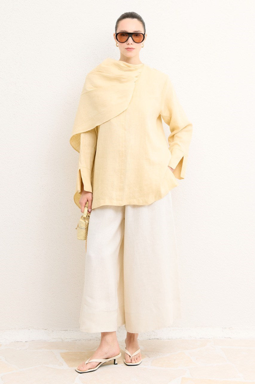 Organic Linen Shirt with Draped Shoulder Shawl — Sarı