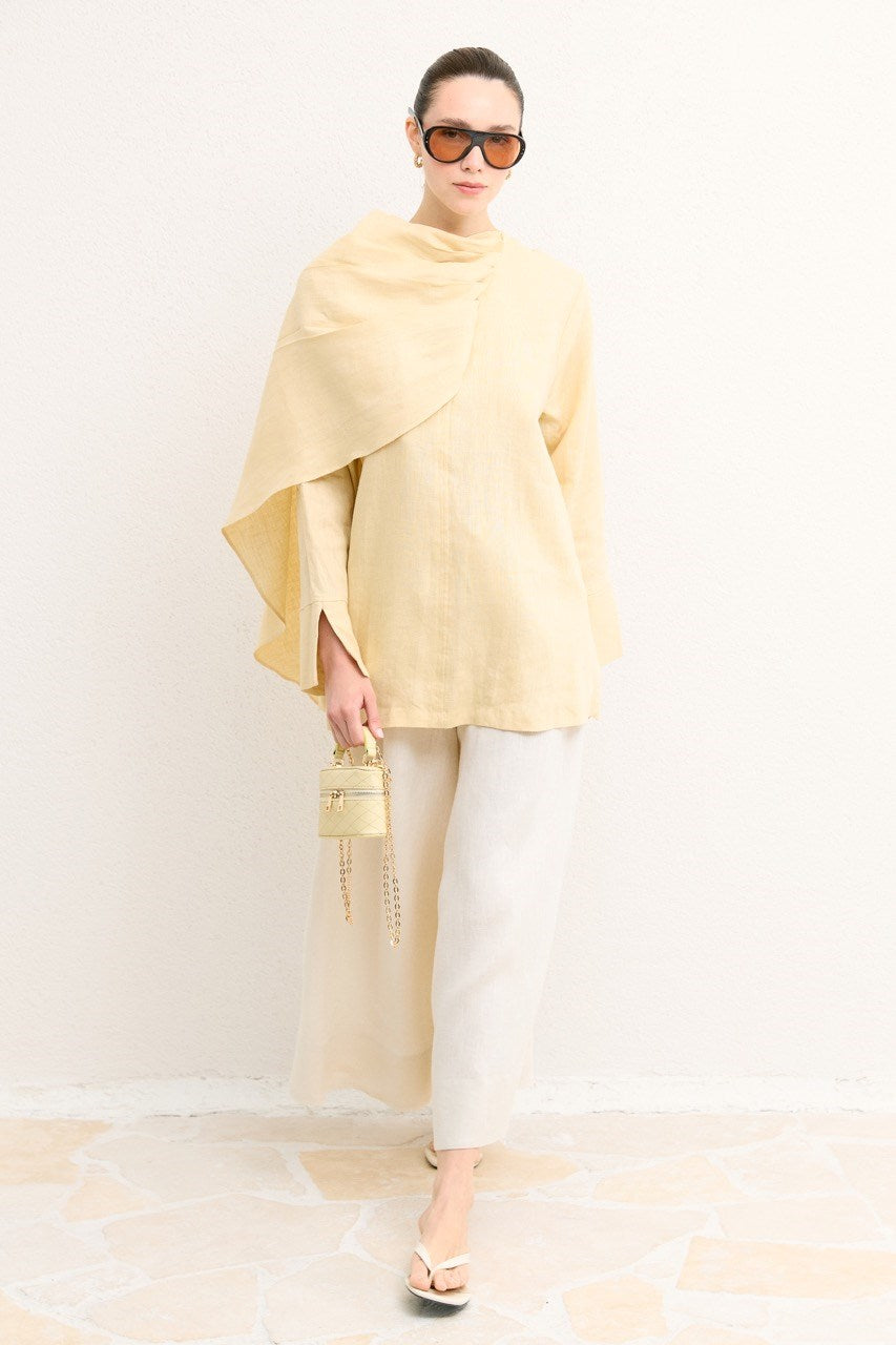 Organic Linen Shirt with Draped Shoulder Shawl — Sarı