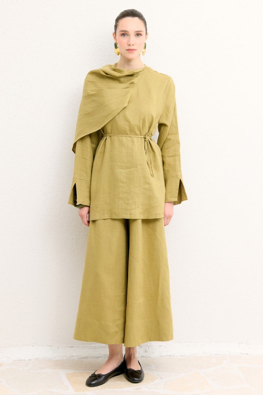 Organic Linen Shirt with Draped Shoulder Shawl — Yağ Yeşili