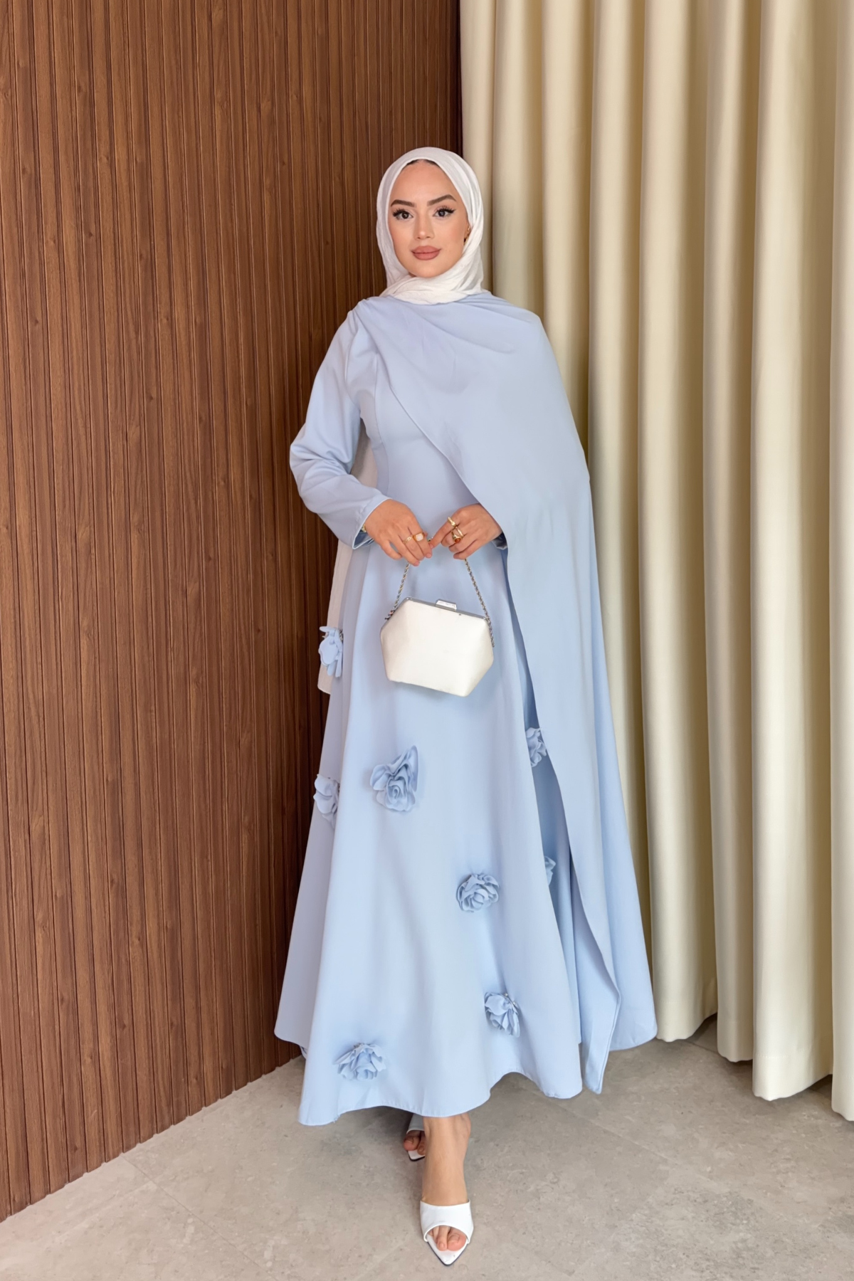 Elegant Long Sleeve Evening Dress with Detachable Roses — Bebe Mavi