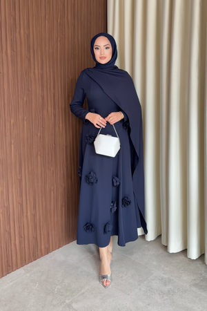 Elegant Long Sleeve Evening Dress with Detachable Roses — Lacivert