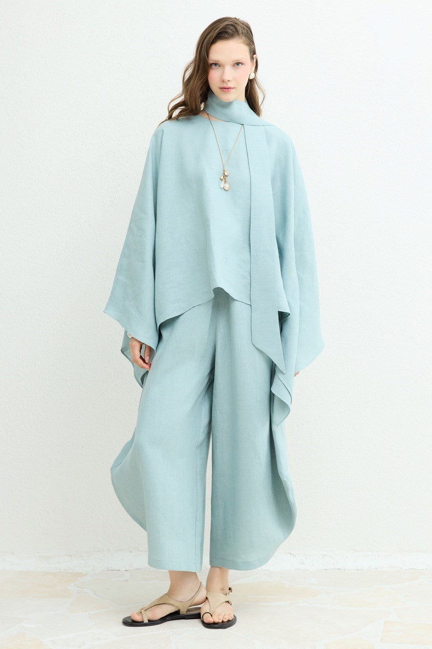 Relaxed Fit Linen Poncho Blouse with Wide Sleeves — bebe mavisi