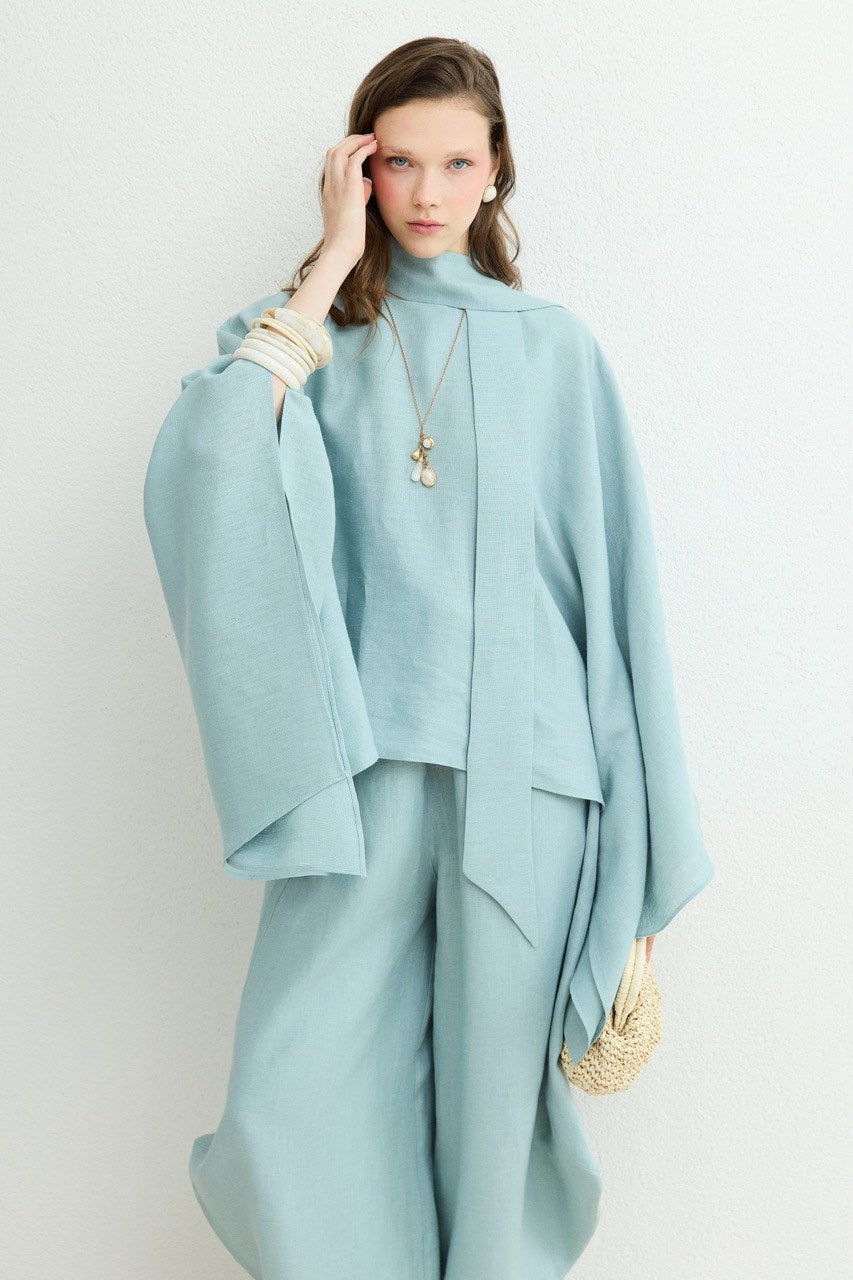 Relaxed Fit Linen Poncho Blouse with Wide Sleeves — bebe mavisi