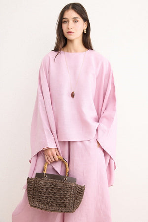 Relaxed Fit Linen Poncho Blouse with Wide Sleeves — Pembe